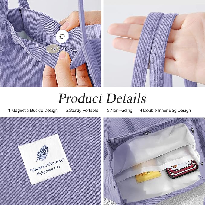 LHMTQVK Corduroy Tote Bags for Women, Large Capacity Tote Purse Reusable Grocery Shoulder Bag with Inner Pockets - Image 2