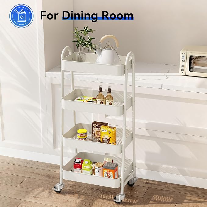 OLIXIS Metal 4 Tiers Rolling Storage Utility Cart with Lockable Wheels | Mobile Organizer Shelf, Space-Saving, Freestanding, Bathroom, Living Room, Slim, Narrow Corner Spaces, White - Image 6