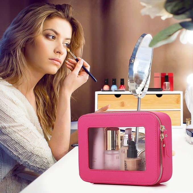 Pinkmik Travel Clear Makeup Bag, (Fuxia, M+SLIM) | Brush Case, TSA Approved Toiletry Bag, Waterproof Cosmetic Organizer with Zipper, Car Essential for Women - Image 3