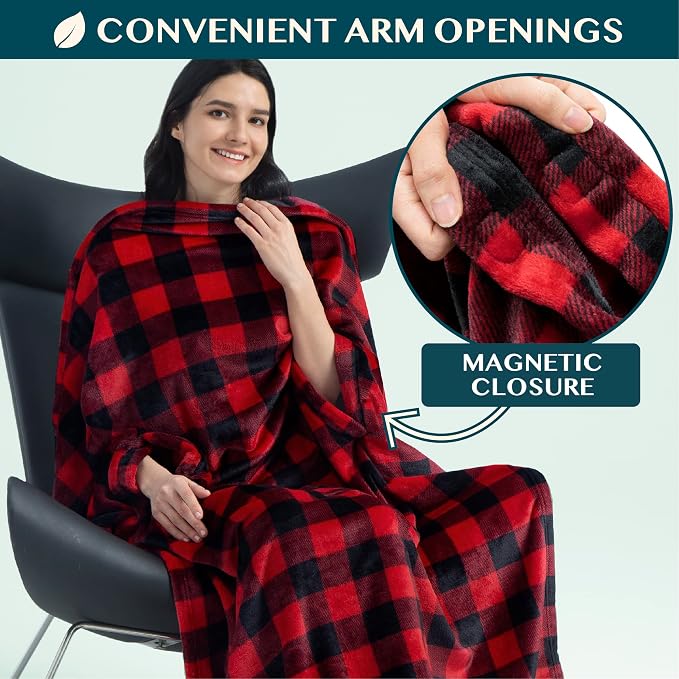 PAVILIA Travel Blanket and Pillow, Arms Opening Airplane Blankets for Adults, Compact Plane Blanket with Arm Hole 2-in-1 Bag for Flight Car Camping Luggage Backpack Traveler Gift, Checkered Red - Image 2