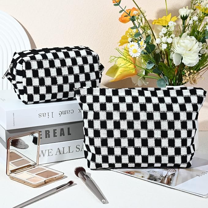 SOIDRAM 2 Pieces Black Makeup Bag Large Checkered Cosmetic Bag Capacity Canvas Mix Travel Toiletry Bag Organizer Cute Makeup Brushes Aesthetic Accessories Storage Bag for Women, Checkered Mix Black - Image 2