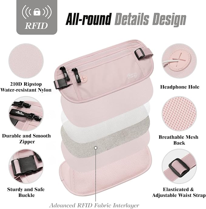 MoKo Travel Money Belt with RFID Blocking, 3 Pockets, Pink | Slim 210D water-resistant nylon design fits discreetly under clothing; adjustable strap fits 28-50 in waists - Image 5