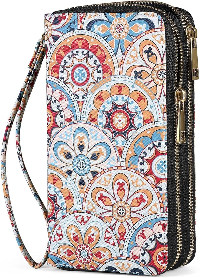 RFID Blocking Cellphone Wallet for Women with Removable Strap, Double Zipper Wristlet Bag Large Capacity, Ladies Travel Clutch Purse, Artistic Flower by HAWEE