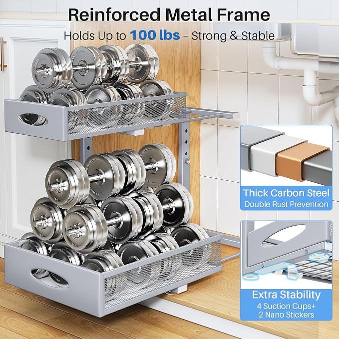 Under Sink Organizer, 2 Pack 2 Tier Pull Out Under Cabinet Organizer Shelf with Pad for Framed Cabinets, Metal Slide Out Under Sink Storage, Mesh Sliding Drawers for Kitchen Bathroom Laundry, Grey - Image 7