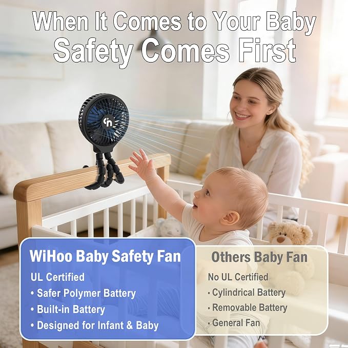 WiHoo Portable Stroller Fan, 11H Ultra-long Battery Life 3 Speed 360°Rotate, USB Rechargeable or Battery Operated Cooling Clip On Personal Fan for Baby Crib Travel Car Seat Black - Image 4
