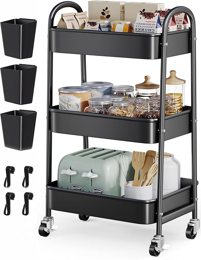 Heavy Duty 3 Tier Rolling Cart Metal with Wheels,Three Tiered Rolling Carts | Black Utility Storage Roller Shelf Organizer on Wheels for Baby, Art, Craft, Snack, Cleaning Caddy, Dorm, Bathroom, Bedside by Unknown