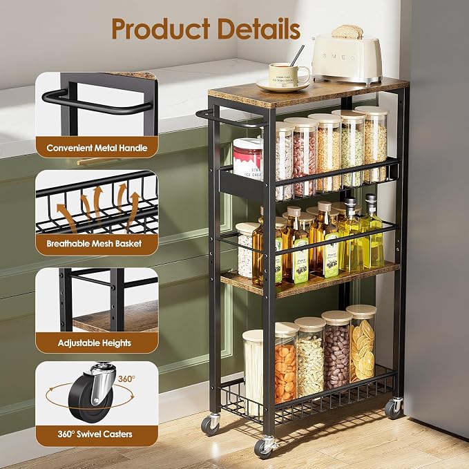 Slim Rolling Storage Cart, 4 Tier Narrow Storage Cart, 9.1in(W) | Metal Kitchen Rolling Cart for Small Spaces, Narrow Shelf for Kitchen, Laundry Room, Bathroom, Living Room - Image 6
