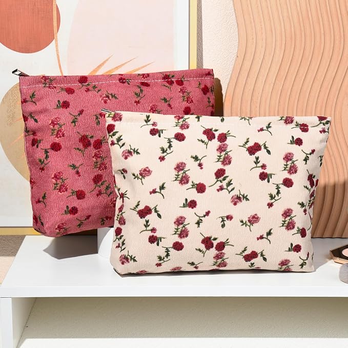 SOIDRAM 2 Pieces Rose Makeup Bag Large Corduroy Cosmetic Bag Capacity Canvas Travel Toiletry Bag Organizer Cute Makeup Brushes Aesthetic Accessories Storage Bag for Women, Rose L White Pink - Image 6
