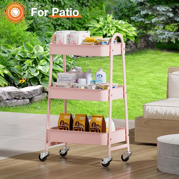 NEWBULIG 3-Tier Metal Rolling Storage Utility Cart with Lockable Wheels | Mobile Organizer Shelf, Space-Saving, Freestanding, Bathroom, Living Room, Slim, Narrow Corner Spaces, Pink - Image 7