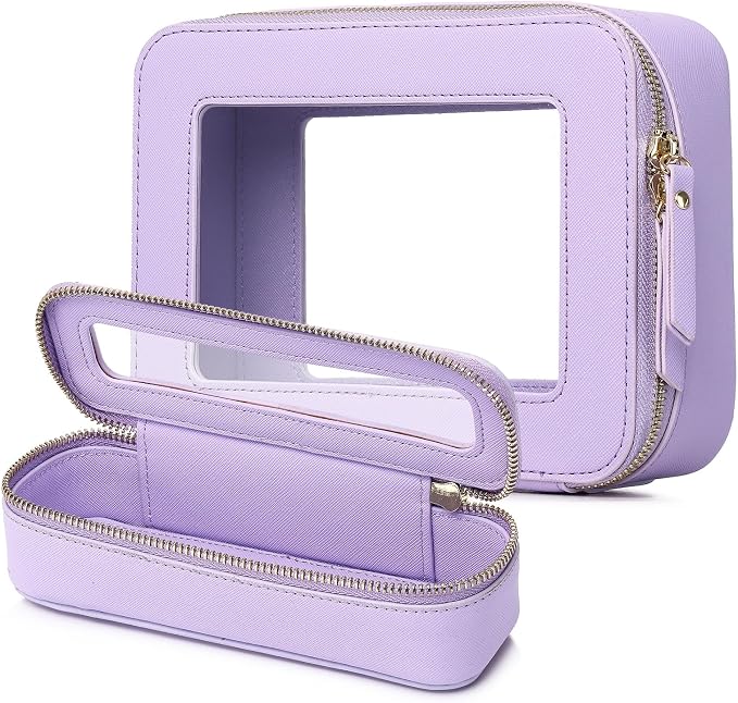 Pinkmik Travel Clear Makeup Bag,(Purple, M+SLIM) | Brush Case, TSA Approved Toiletry Bag, Waterproof Cosmetic Organizer with Zipper, Car Essential for Women by Pinkmik
