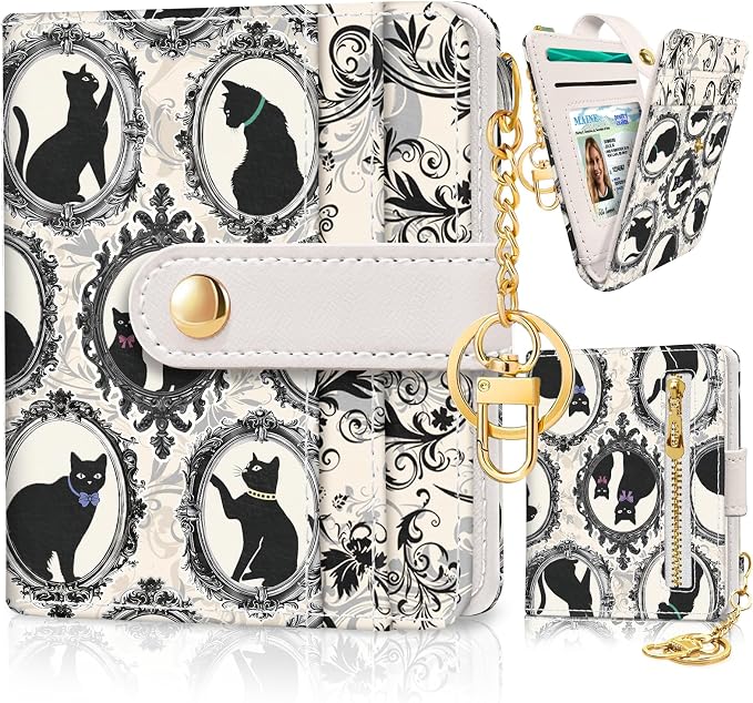 Jogjam Vintage Black Cats Rfid Women Wallet, Small Slim Credit Card Holder | PU Leather Bifold Cash Zipper Coin Pocket ID Window, for Female Ladies Teen Girls Girly Gifts by Jogjam