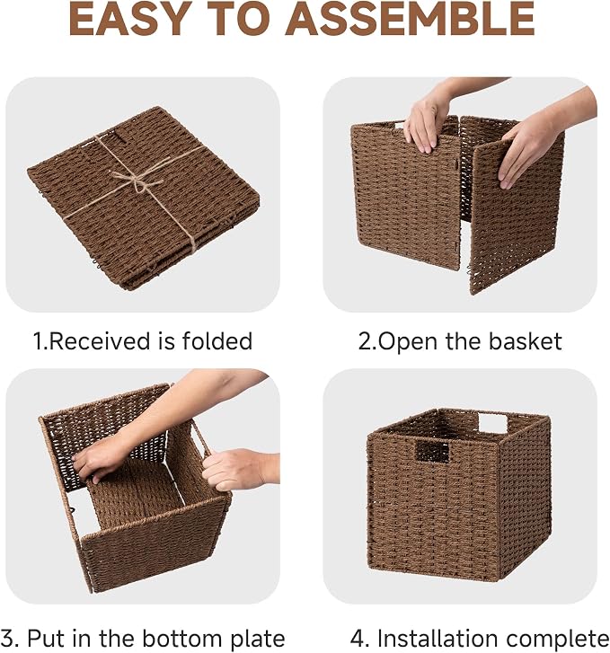 StorageWorks 13 inch Cube Storage Bins, Wicker Baskets for Storage, Brown | 2-Pack, Foldable Square Baskets, Wicker Storage Baskets for Organizing, Paper Rope Square Storage Cubes, Cube Storage Bins - Image 8