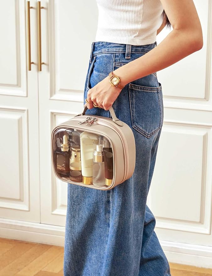 Clear Cosmetic Bag Double Layer 4 Compartments Travel Toiletry Bag Clear Makeup Bag Case with Zipper Transparent Travel Bag for Toiletries, Gift for Women Girls (Taupe, Small) - Image 7