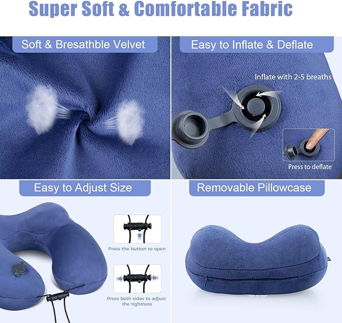 Inflatable Travel Neck Pillow for Airplanes, Super Soft Velvet Neck Support, Adjustable Firmness, Blow Up Plane Pillow for Long Flights, Road Trips, Travel Essentials with Eye Mask, Earplug - Image 4