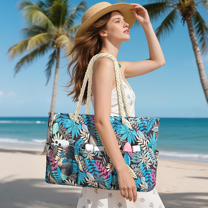 Becokan Beach Bags for Women Canvas Large Beach Tote Bag Zipper Waterproof Sandproof Foldable Swim Pool Bag with 7 Pockets - Image 2