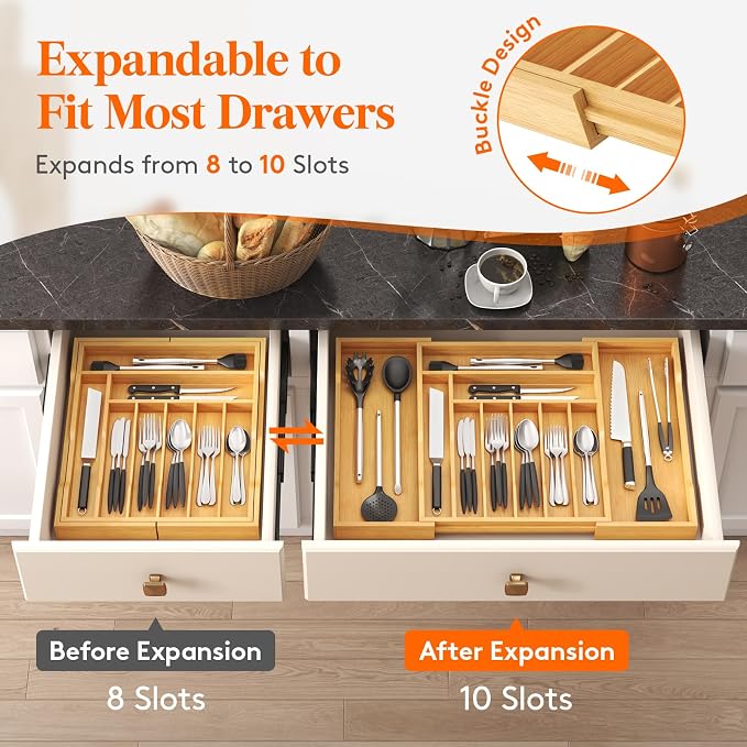 Lifewit Silverware Drawer Organizer, Wooden Utensil Tray for Kitchen | Expandable Flatware and Cutlery Holder, Adjustable Storage for Spoons Forks Knives, 17-28 x 18.5", Natural - Image 8