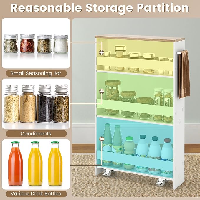 COSTWAY Slim 4-Tier Rolling Utility Cart, Wooden Shelving Unit with Handle & Wheels, Ideal for Small Spaces - Image 6