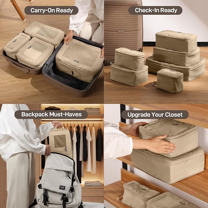 EPICKA TripCozy Compression Packing Cubes, 6 Set, Khaki | Durable Expandable Travel Organizer Bags with Mesh Tops for Space-Saving Storage of Clothes & Accessories in Luggage - Image 6