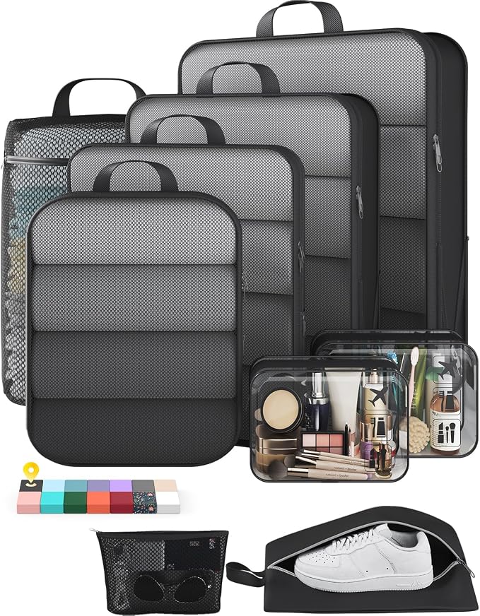 Veken 9/11 Set Compression Packing Cubes Garment Bags for Travel Essentials,Compressible Expandable Luggage Organizer Bags for Clothing,Space Saver Bags with Over 1000 pcs of Mesh Holes(Black) by Veken