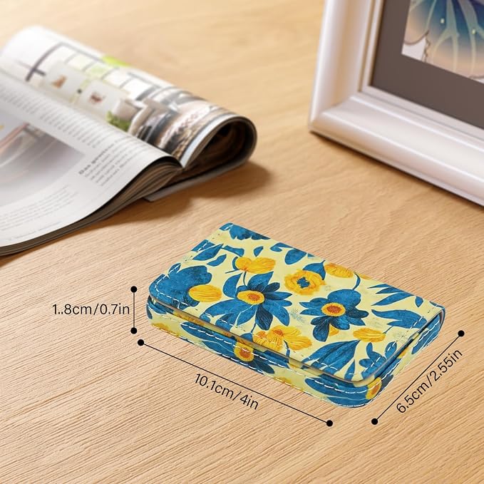 Business Card Holder，PU Leather Business Card Case Color Printing Pattern Card Holder Wallet，Pockets Magnetic Credit Card Holders for Men and Women - Pink Flowers - Image 4