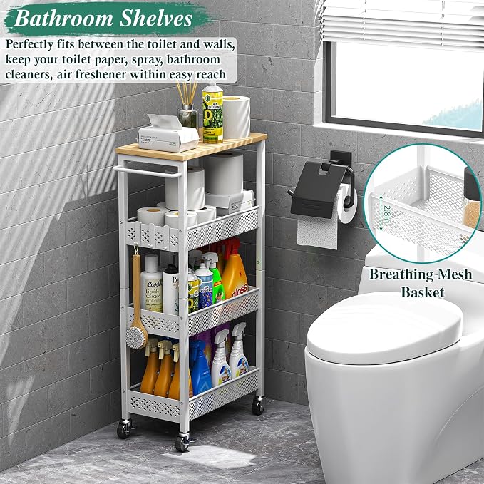 OKZEST 4-Tier Slim Rolling Storage Cart for Laundry Room, Bathroom, Kitchen | Upgraded metal hub casters, Narrow utility cart for small space/gaps, Premium wood top & metal mesh shelf, with handle & hook - Image 3