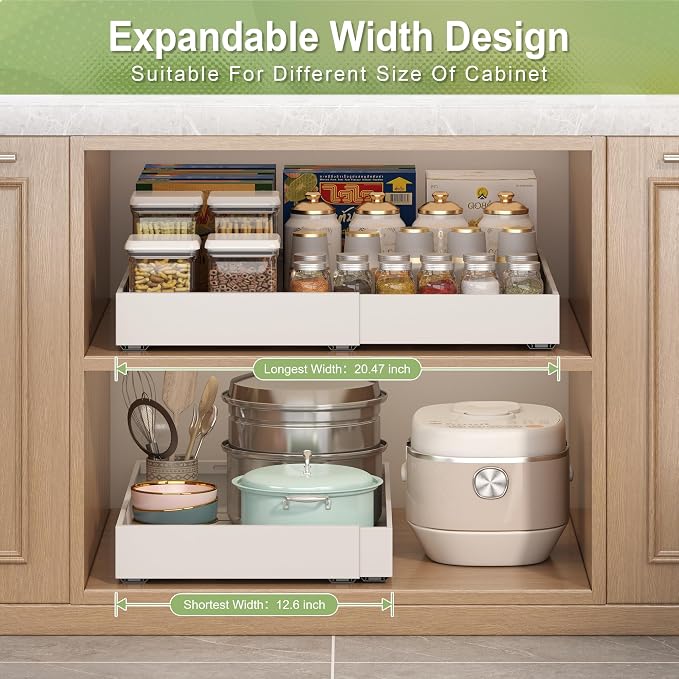 2-Pack-Expandable-Pull-Out-Cabinet-Organizers, No Drill Slide Out Drawers | Adjustable Pull Out Shelf With Raising Pad For Kitchen Framed Cabinet, Heavy Duty Sliding Roll Out Drawers Inside Cabinet - Image 2