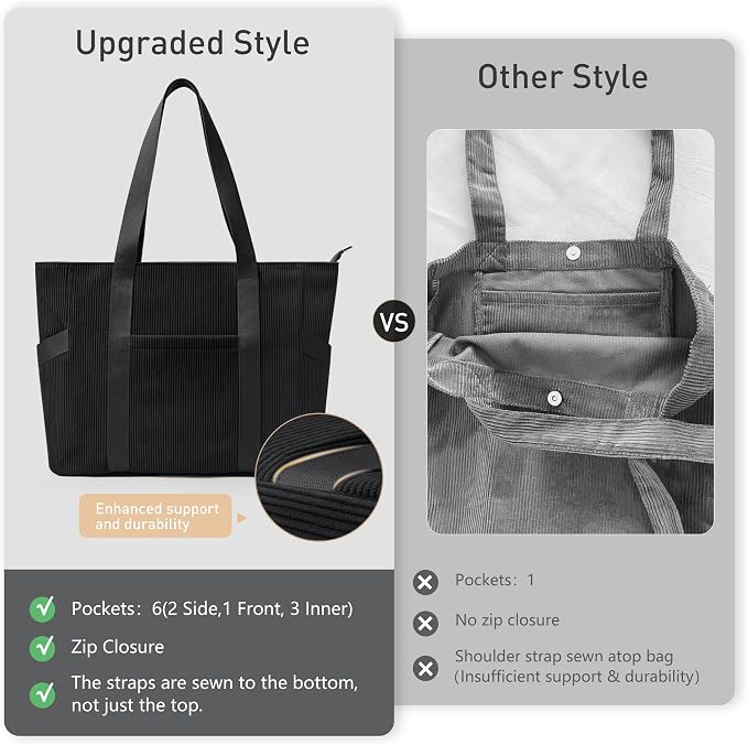 Tote Bag for Women, Casual Hobo Handbags with Compartments | Water Repellent Corduroy Large Capacity Fits 15.6" Laptop Zipper Closure for Travel Work School - Image 7