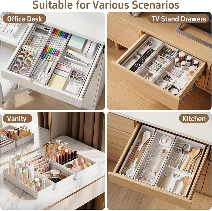 PAVSTINE 3-Pack Expandable Makeup Drawer Organizer, L/M/S | Adjustable 9.45"–16.69", Customizable Compartments, 3-Size Storage Tray for Kitchen, Bathroom, Vanity & Office - Image 7