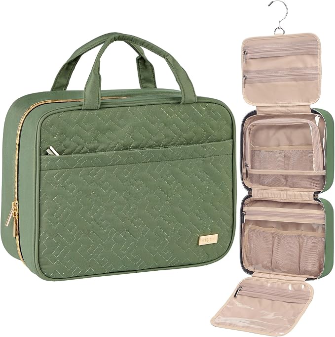 NISHEL Travel Toiletry Bag for women, Portable Hanging makeup Organizer | for Travel-Sized Shampoo, Conditioner, Brushes Set, makeup Accessories, Medium Size, Large Size, Bronze Green by NISHEL