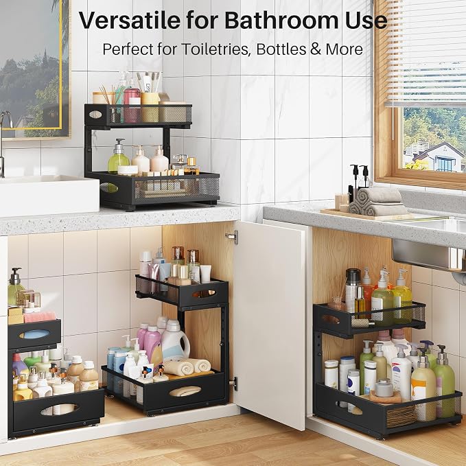 Under Sink Organizer, 2 Tier Pull Out Under Cabinet Organizer Shelf with Pad for Framed Cabinets, Metal Slide Out Under Sink Storage, Mesh Sliding Drawers for Kitchen Bathroom Laundry(Black, 1 Pack) - Image 9