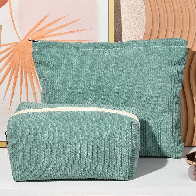 SOIDRAM 2 Pieces Makeup Bag Large Corduroy Cosmetic Bag Capacity Canvas Mix Travel Toiletry Bag Organizer Cute Makeup Brushes Aesthetic Accessories Storage Bag for Women, Corduroy Mix Green - Image 7