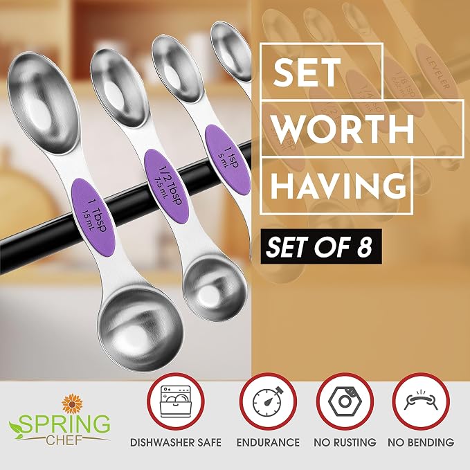 Spring Chef Stainless Steel Magnetic Measuring Spoons Set of 8, Orchid | Nesting Teaspoon & Tablespoon Measuring Spoons w/ Leveler for Dry & Liquid Ingredients, Measure Spoons For Baking & Cooking - Image 2
