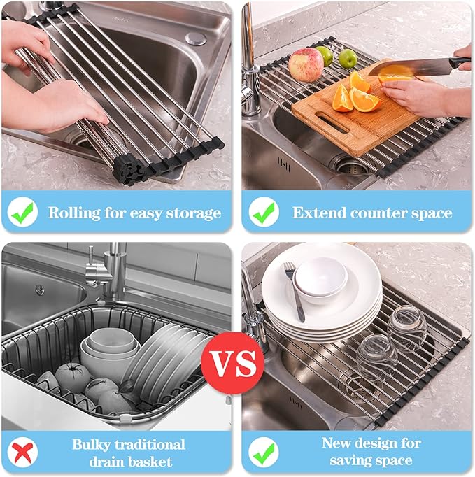 Seropy Roll Up Dish Drying Rack Over The Sink Drying Rack for Kitchen Counter, Folding Dish Rack Over Sink Mat, Stainless Steel Dish Drainer Rack Kitchen Sink Organizer Accessories 17.5"x13.7" - Image 6