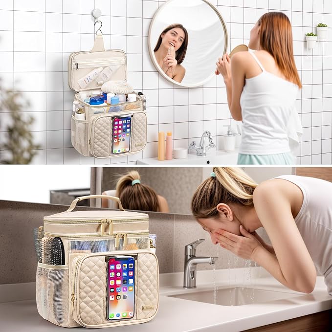 Large Leather Toiletry Bag for Women Men,Bathroom Bag,Water Resistant Shower Bag,Makeup Bag,Portable Shower Caddy for College Dorm,Hanging Travel Toiletry Bag with Transparent Waterproof Phone Pocket - Image 8
