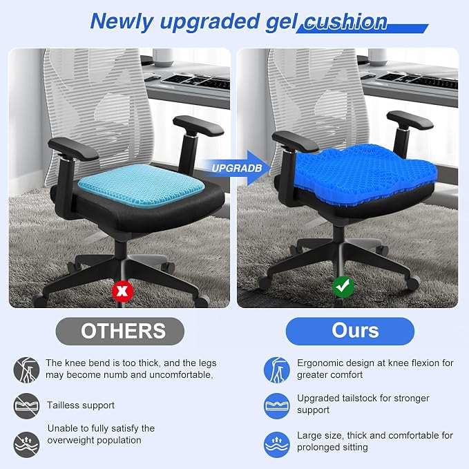 Thicken 19.7in Seat Cushion, Gel Seat Cushion for Long Sitting–Office Chair, Wheelchair, Car Cushion, Large Cooling Pad for Back Pain, Sciatica, Tailbone Pain Relief | Office Chair, Wheelchair, Car Cushion, Large Cooling Pad for Back Pain, Sciatica, Ta... - Image 5