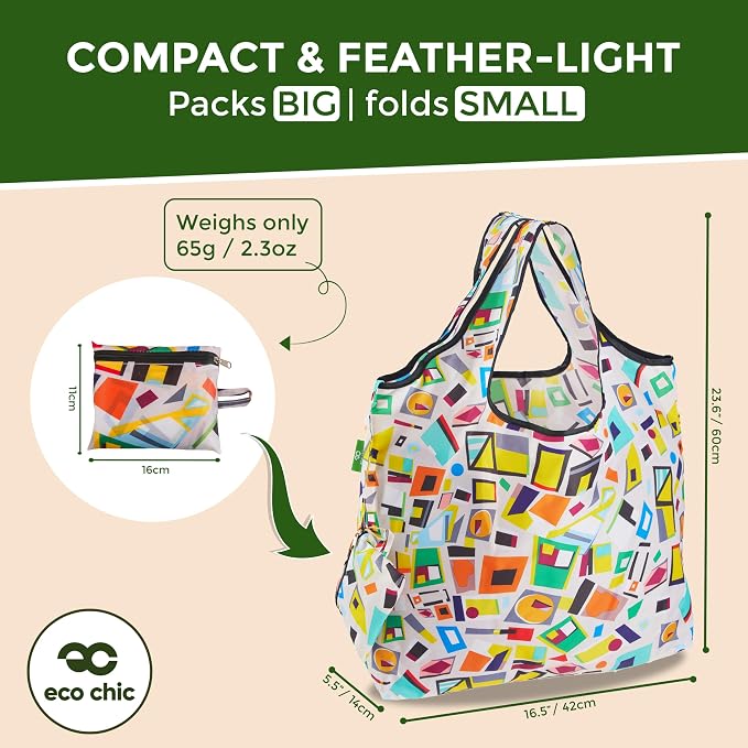 ECO CHIC Foldable Reusable Large Recycled Grocery Bags Lightweight Shopping Tote Bags with Storage Pouch - Collection of 4 bags - Image 5
