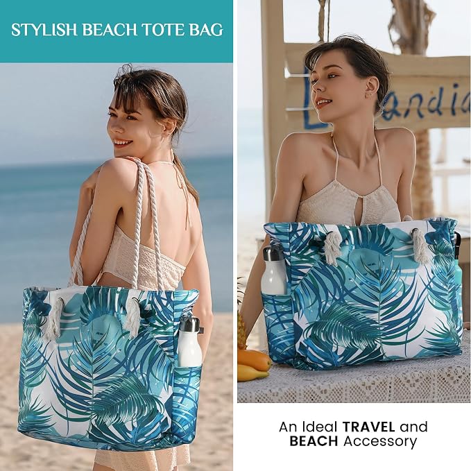 Clothirily Beach Bag for Women, Large Beach Tote Bag Waterproof with Zipper | Large Capacity Swim Pool Bag, Inner Pockets, Sandproof Foldable Beach Tote for Travel Essentials - Image 2