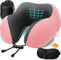 ExploreBliss Travel Pillow, Memory Foam Neck Pillow Airplane, Pink | Travel Pillows for Airplanes, Neck Pillow Airplane, Memory Foam Neck Pillow Set with Eye Mask, Earplugs by ExploreBliss