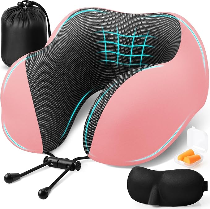 ExploreBliss Travel Pillow, Memory Foam Neck Pillow Airplane, Pink | Travel Pillows for Airplanes, Neck Pillow Airplane, Memory Foam Neck Pillow Set with Eye Mask, Earplugs by ExploreBliss
