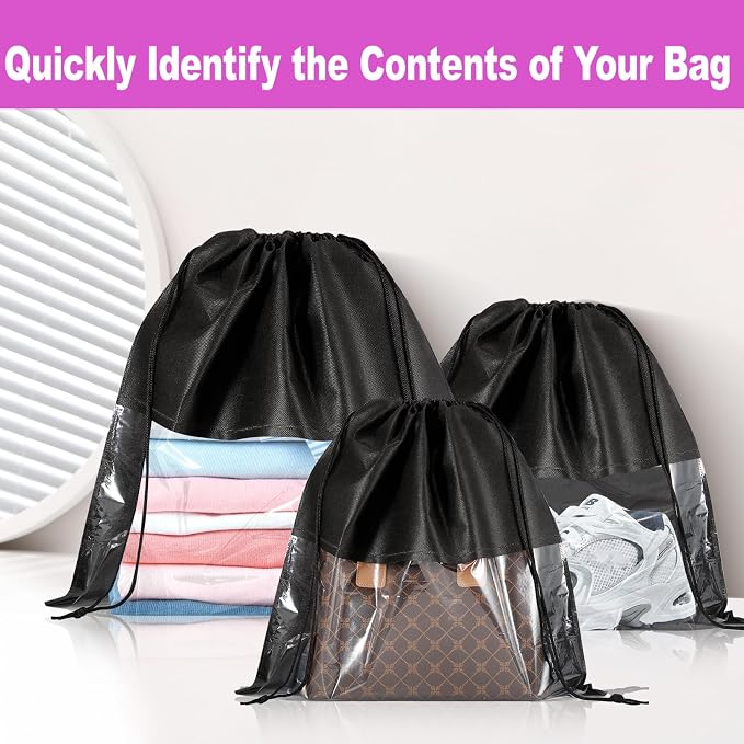 12Pcs Shoe Bags for Travel, Dust Bags for Handbags in 4 Size, Black | Dustproof Drawstring Bags, Breathable Non Woven Fabric Storage Bag for Handbags Shoes Purses - Image 2