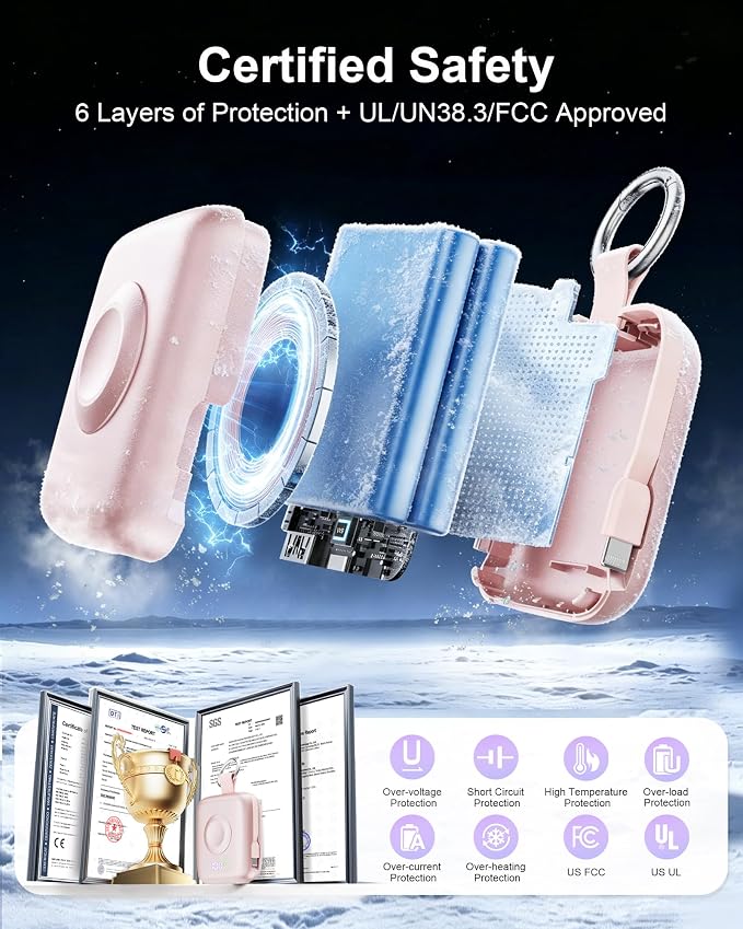 Portable Charger 3 in 1, Smaller 10000mAh Built-in Cables 22.5W Power Bank | Travel Essentials, Fast Charging Keychain Battery Pack for iPhone17/16/15/14/13, Android, iWatch Ultra/11/10/9/8, Pink - Image 9