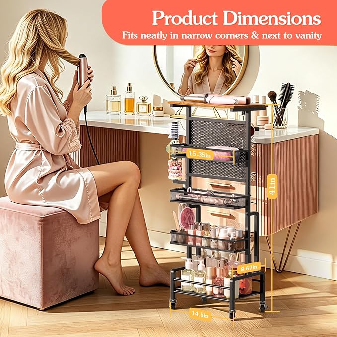 VINAEMO Hair Tool Organizer Cart, Slim Rolling Hair Dryer Holder for Vanity Bathroom Salon, Hot Tool Storage Cart with Heat Resistant Basket for Curling Flat Iron, Blow Dryer Care & Styling Tools - Image 6