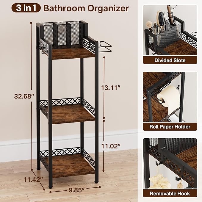 Bathroom Storage and Organizer Shelf Hair Dryer Holder, 9.85in | 3-Tier Narrow Metal Standing Rack with Toilet Paper Holder,Makeup Stand for Cosmetic, Vanity, Kitchen, Laundry Rustic Brown - Image 3