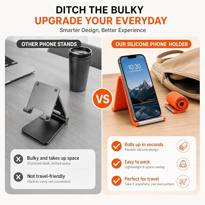 2PCS Flexible Silicone Phone Holder, Foldable Aluminum Phone Stand | Bendable Core Foldable Rollable Phone Holder - Flexible iPhone Stand for Long Travel Accessories - Plane Essentials (Orange) - Image 4