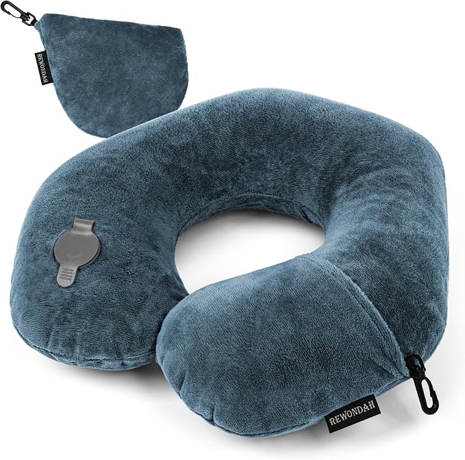Rewondah Neck Pillows for Travel, Inflatable Travel Pillow, Inflatable Neck Pillow for Traveling Airplane with Soft Velour Washable Cover, U Shape Blow Up Neck Pillow for Airplanes Train Car Travel by Rewondah