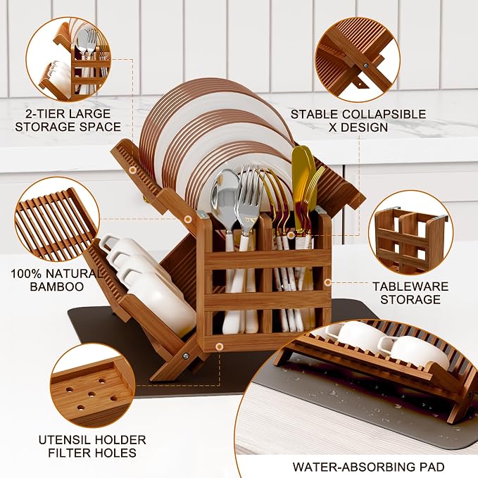 Greenual Teak Dish Drying Rack with Utensil Holder, 2 Tier Collapsible Dish Rack, Wooden Dish Racks for Kitchen Counter, Folding Drying Holder with Absorbent Dish Drying Mat - Image 5