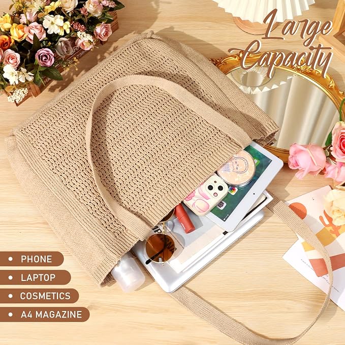 hatisan Crochet Bag for Women, Handmade Knit Beach Tote Bag Summer - Image 4