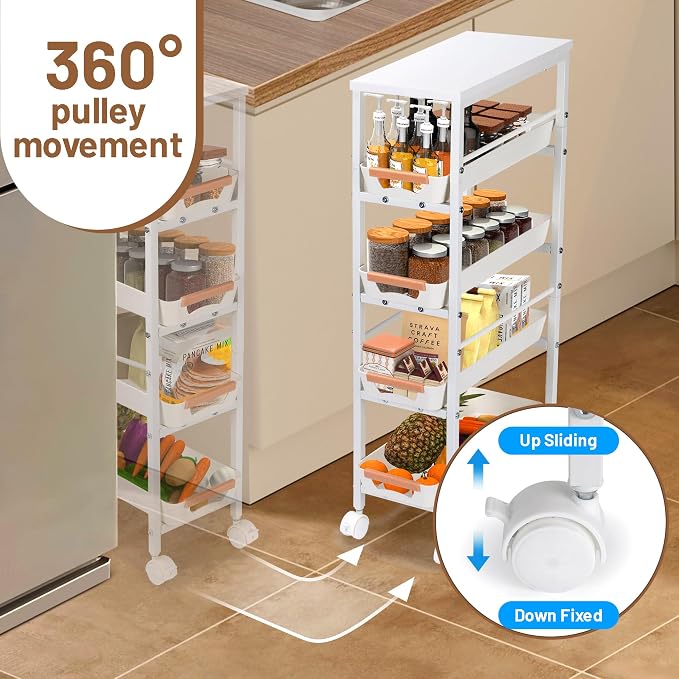 Slim Storage Cart, 5-Tier Narrow Rolling Kitchen Laundry Room Cart with Drawer and Wheels, Metal Utility Cart Slide Out Organizer for Small Spaces (White) - Image 3