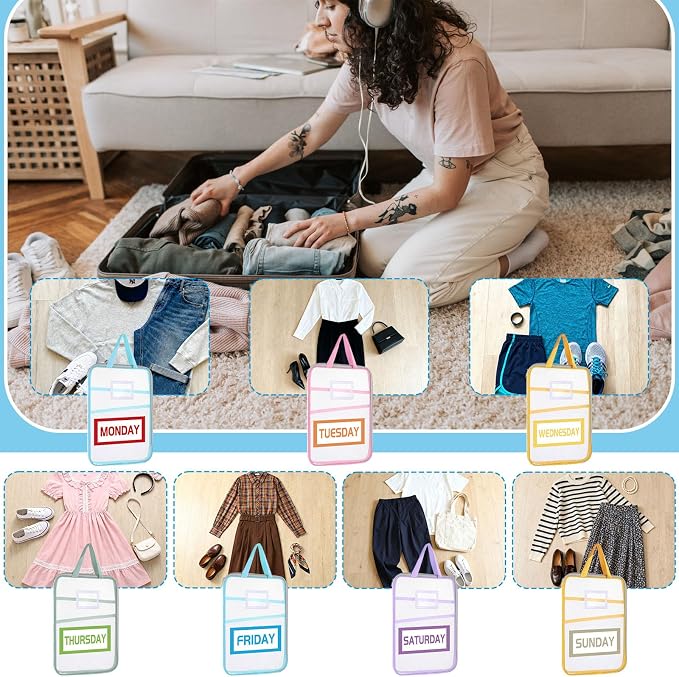 7 Pcs Packing Cubes for Travel, Days of Week Colorful Packing Cubes with Labels, Clear Clear Zippered Storage Bag for Travel Summer Camp Cruise Family Vacations Essentials - Image 7