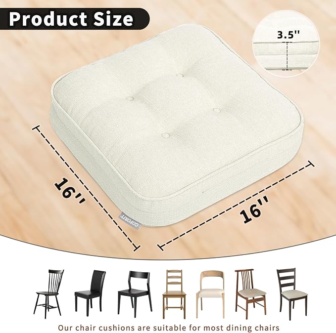 GOFORIT Memory Foam Cushion，Square Seat Cushions for Dining Chairs,Non-Slip Chair Pads with Removable Cover, 16'' x 16'', 2 Pack,Off White - Image 3